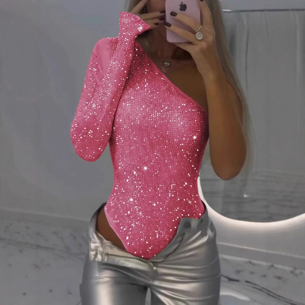 Women's One Shoulder Rhinestone Sequin Top