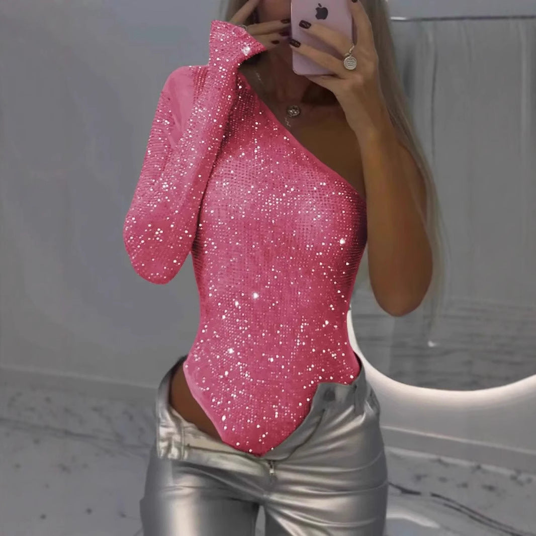 Women's One Shoulder Rhinestone Sequin Top