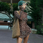 Autumn Leopard Print Printed Mesh See Through Dress