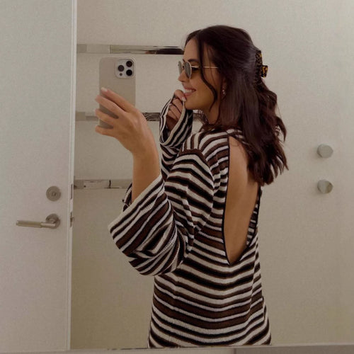 Women's Backless Hollow Out Cutout Striped Long Sleeve Knitted Wool Wool Straight Beach Bohemian Casual Dress