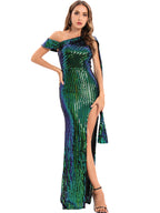 Women's One Shoulder Sequin Backless Slit Maxi Dress