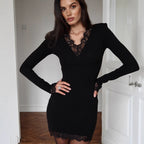 Black Lace V-Neck Long-Sleeve Bodycon Mini Dress