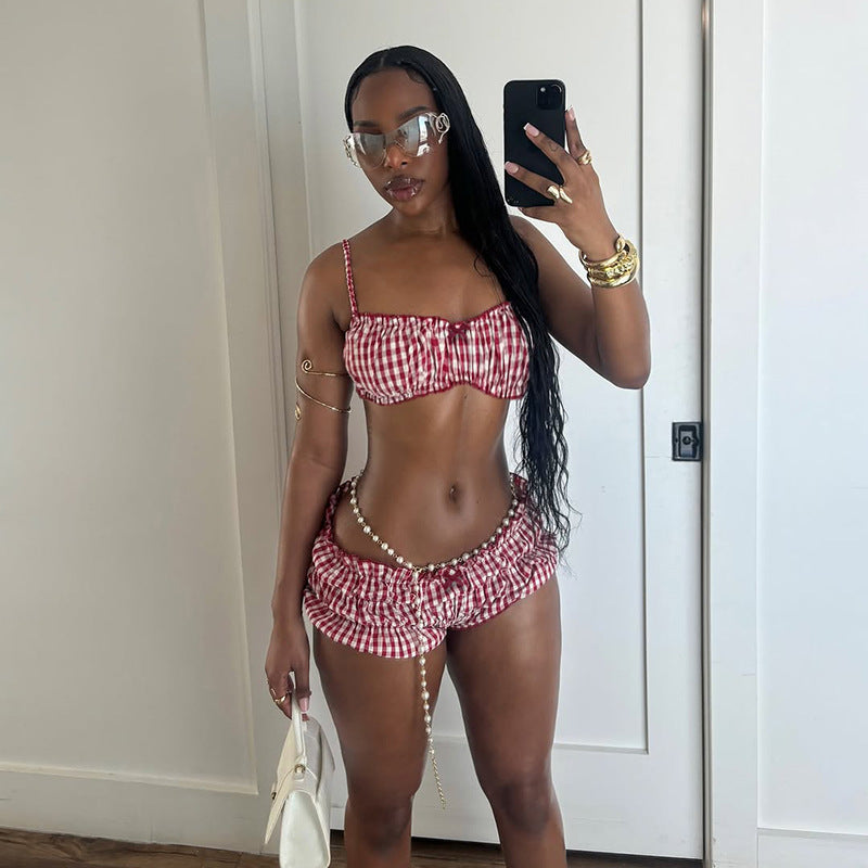 Summer Vacation Plaid Suspender Top Shorts Swimsuit Two-Piece Sets