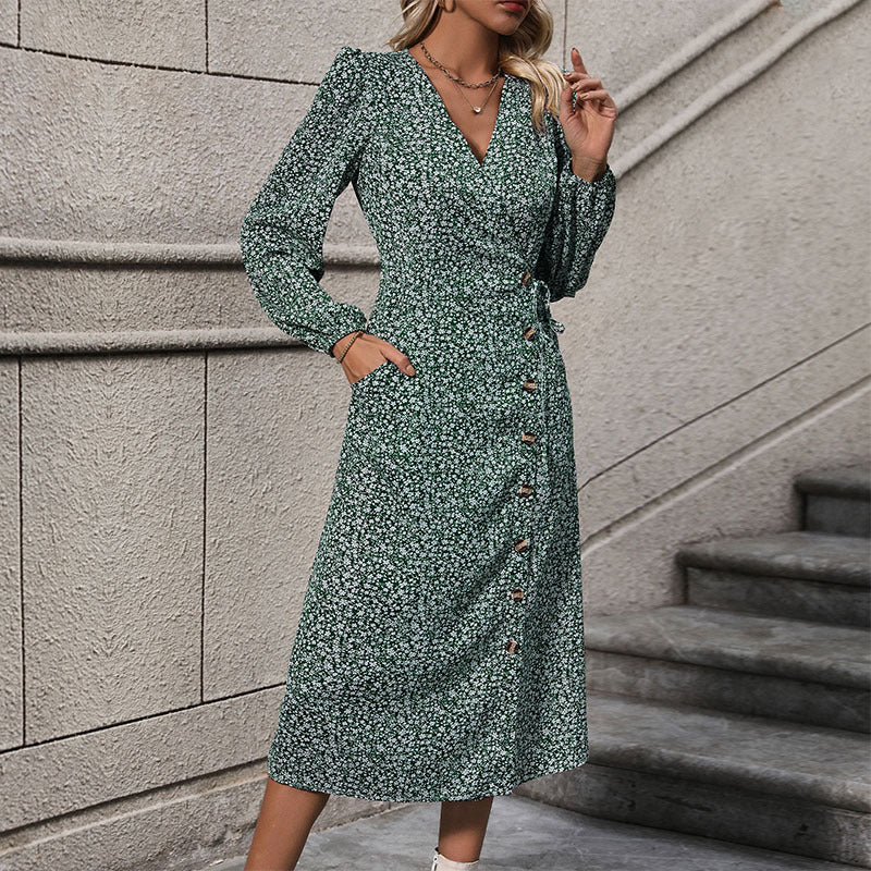 Women's Fall Stomach Blanket Long Sleeve Floral Dress