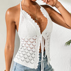White lace-up crochet cardigan with scalloped V-neck and long tie strings