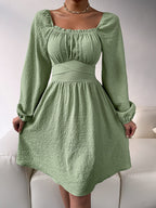 Women's Ruffle-Trim Square-Neck Lantern-Sleeve Dress