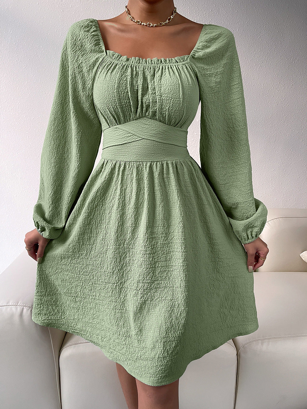 Women's Ruffle-Trim Square-Neck Lantern-Sleeve Dress