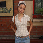 Women's Plaid Button-Up Short Sleeve Shirt