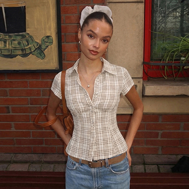 Women's Plaid Button-Up Short Sleeve Shirt