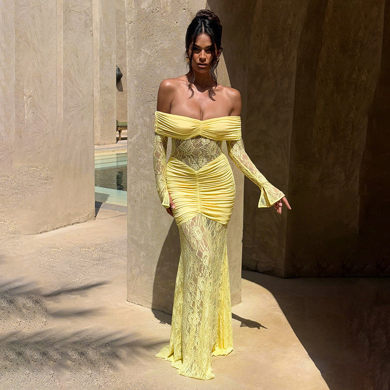 Women's Lace Off-Shoulder Long Sleeve Slit Maxi Dress