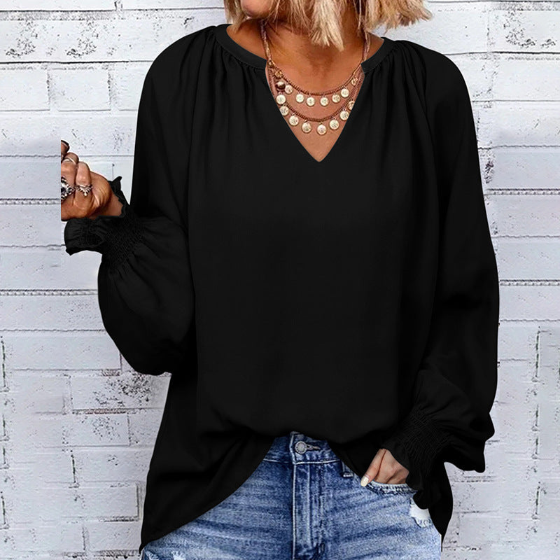 Women's V-Neck Chiffon Blouse – Loose Long Sleeve