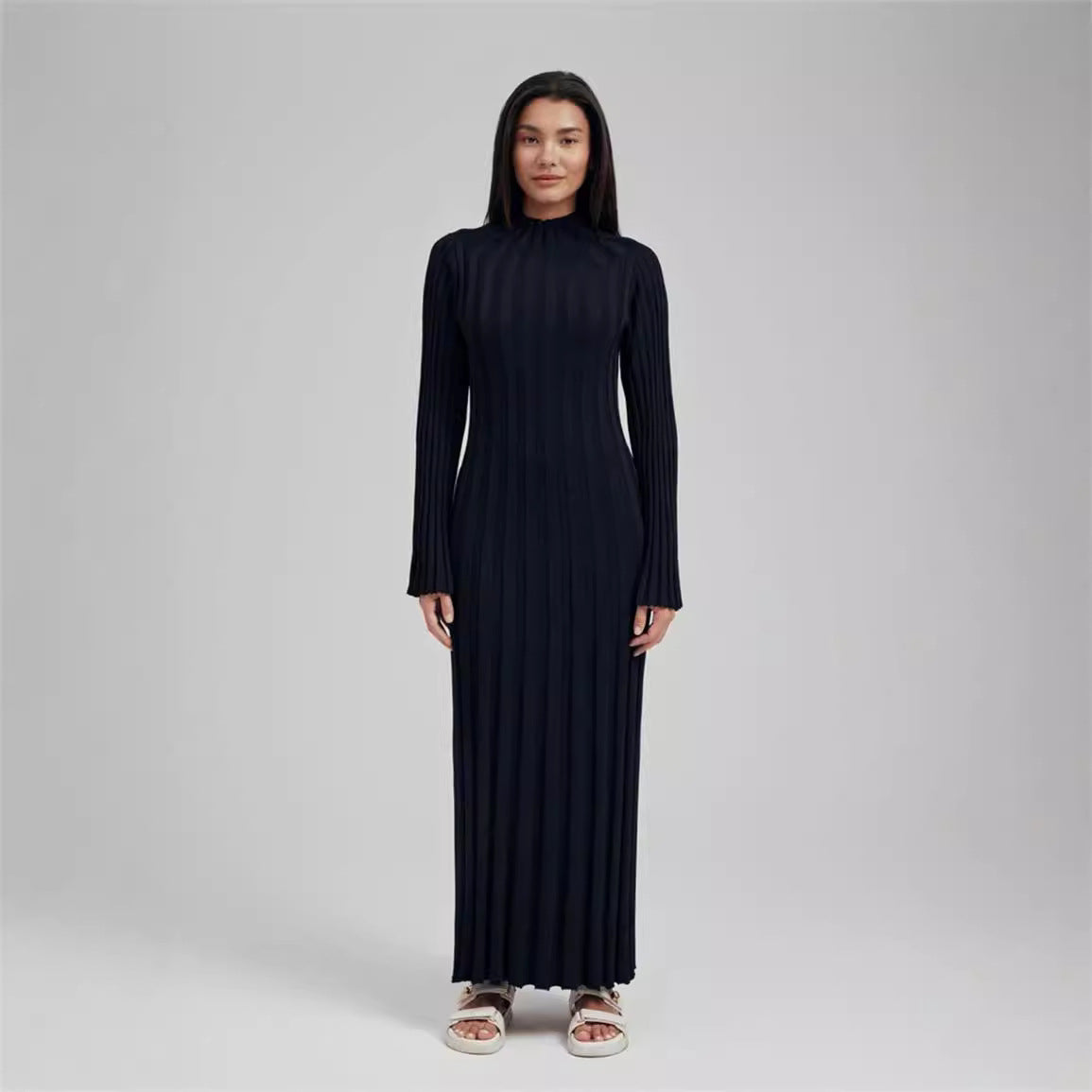 Mock-Neck Belted Long-Sleeve Sweater Bodycon Maxi Dress