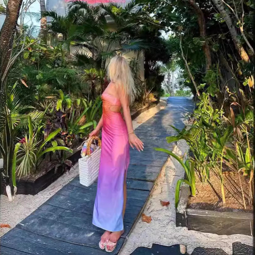 Dress Casual Gradient Print Strapless Waist