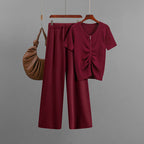Round-Neck Short-Sleeve Knitting Summer Zipper Solid Color Top Casual Wide Leg Pants Two-Piece Set