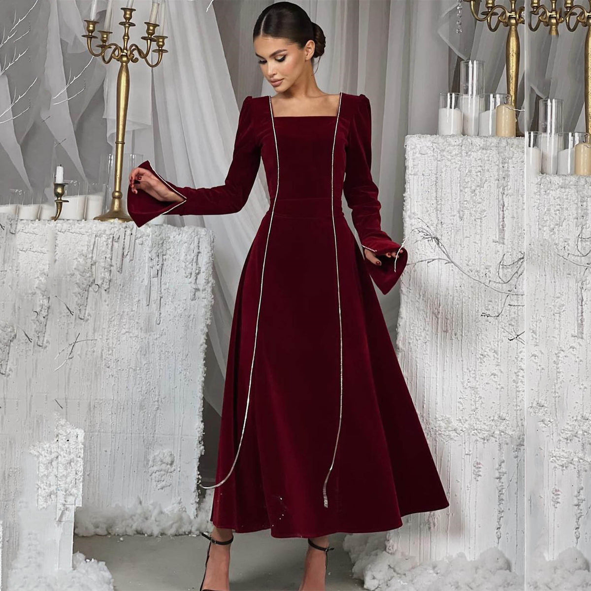 Women's Belted Velvet Square-Neck Maxi Dress