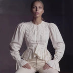 Women's Spring Summer Bubble Sleeve A Hem Pleated Drawstring Bell Sleeve Small Round Neck Shirt