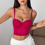 's Simple Mesh Pleated Boning Corset Bra Pearl Decorative