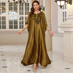 Gold rayon kaftan swim cover-up, short sleeves, floral embroidery at chest