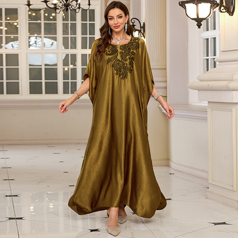 Gold rayon kaftan swim cover-up, short sleeves, floral embroidery at chest