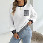 Autumn Winter Ladies Contrast Color Striped Pocket Long Sleeve Sweater Women Clothing