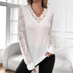 V-Neck Lace Rhinestone Lantern Sleeve Top