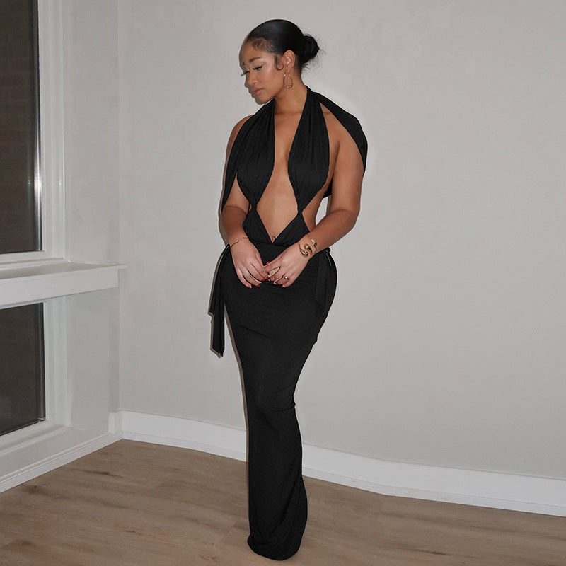 Solid Color Pleated Hollow Out Cutout Backless Sleeveless Dress