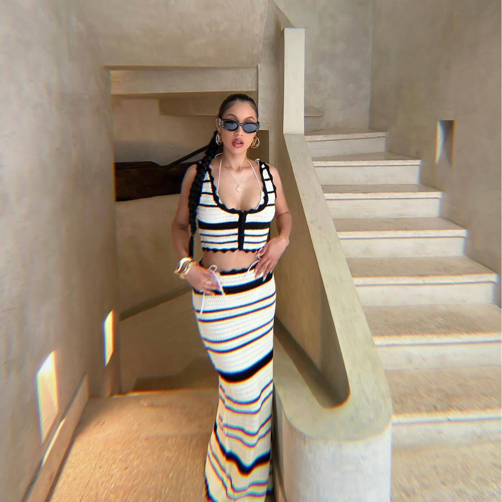 Women's Striped Casual Vest and Skirt Two-Piece Set