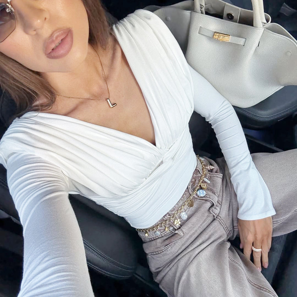 V-Neck Twisted-Waist Long-Sleeve Top