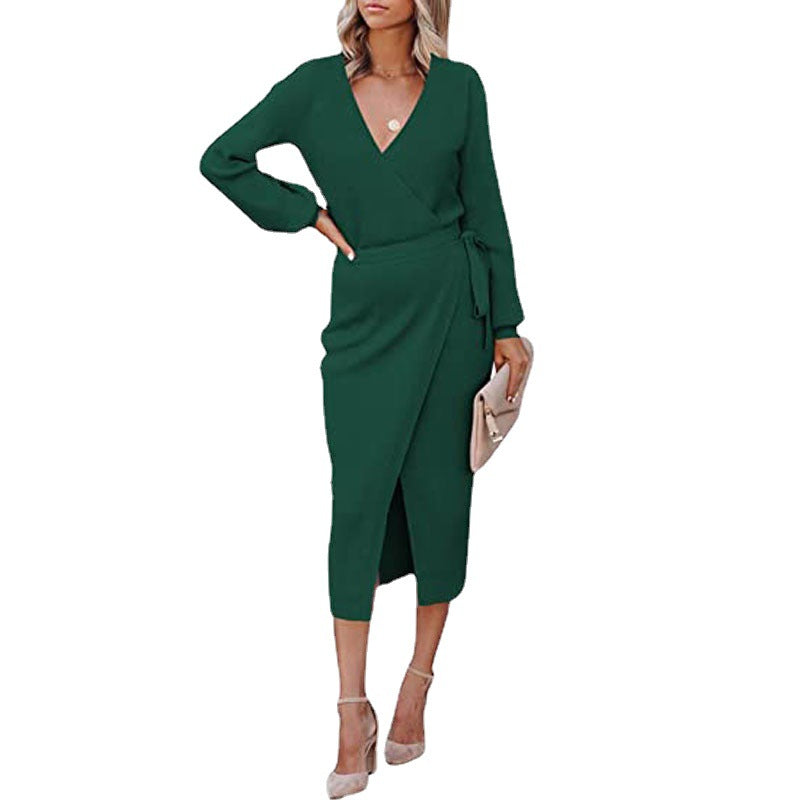 Women's Autumn Winter Women Clothing Maxi Dress Elegant Graceful V-Neck Knitted Dress