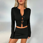 Women's Lace-Up Cropped Long Sleeve Cardigan Top
