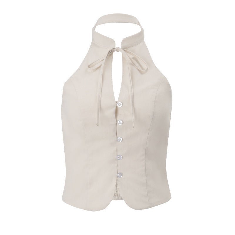 Women's Retro Halter Button-Detail Crop Top