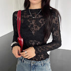 Women’s Black Sheer Lace Stand Collar Long Sleeve Top
