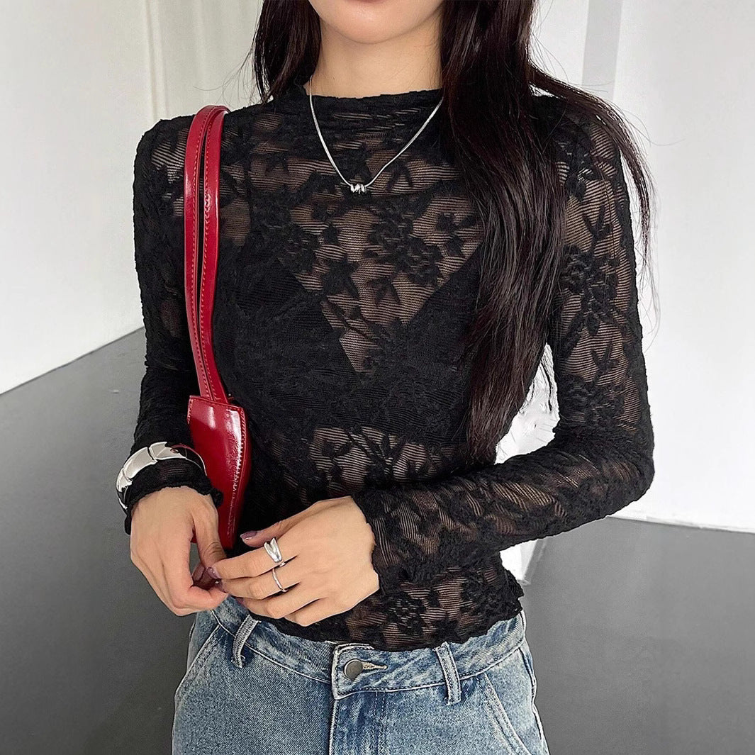 Women’s Black Sheer Lace Stand Collar Long Sleeve Top