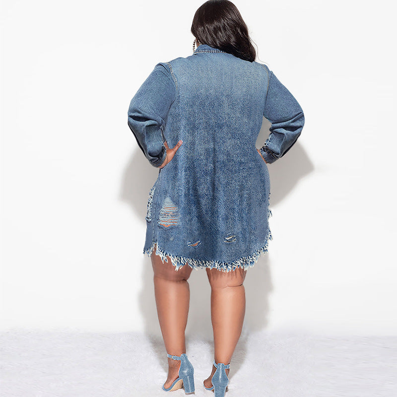 Plus Size Fringed Denim Shirt Dress