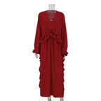 Ruffled Long Sleeve Dress Red V neck