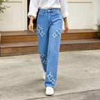 Women's High Waist Embroidered Straight Leg Jeans