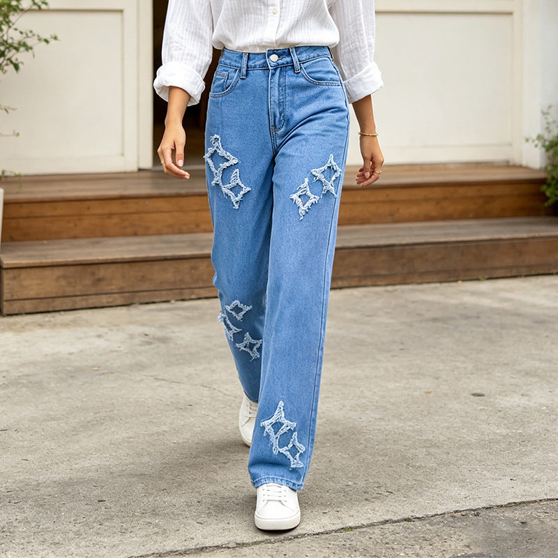 Women's High Waist Embroidered Straight Leg Jeans