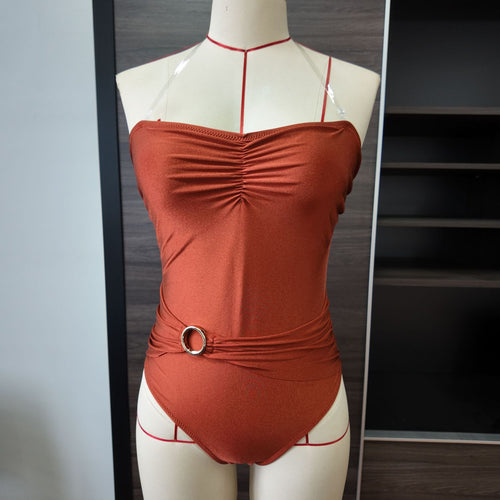 Burgundy bandeau one-piece swimsuit with thin straps, ring detail, ruched bust