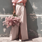 Women Pink Two Piece Set Loose Shirt High Slit Skirt Romantic Skirt Set