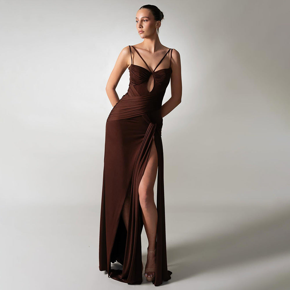 Women's Brown Backless Ruched Slit Cami Maxi Dress