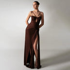 Women's Brown Backless Ruched Slit Cami Maxi Dress