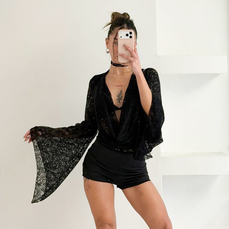 Women's Lace Bell-Sleeve Two-Piece Romper