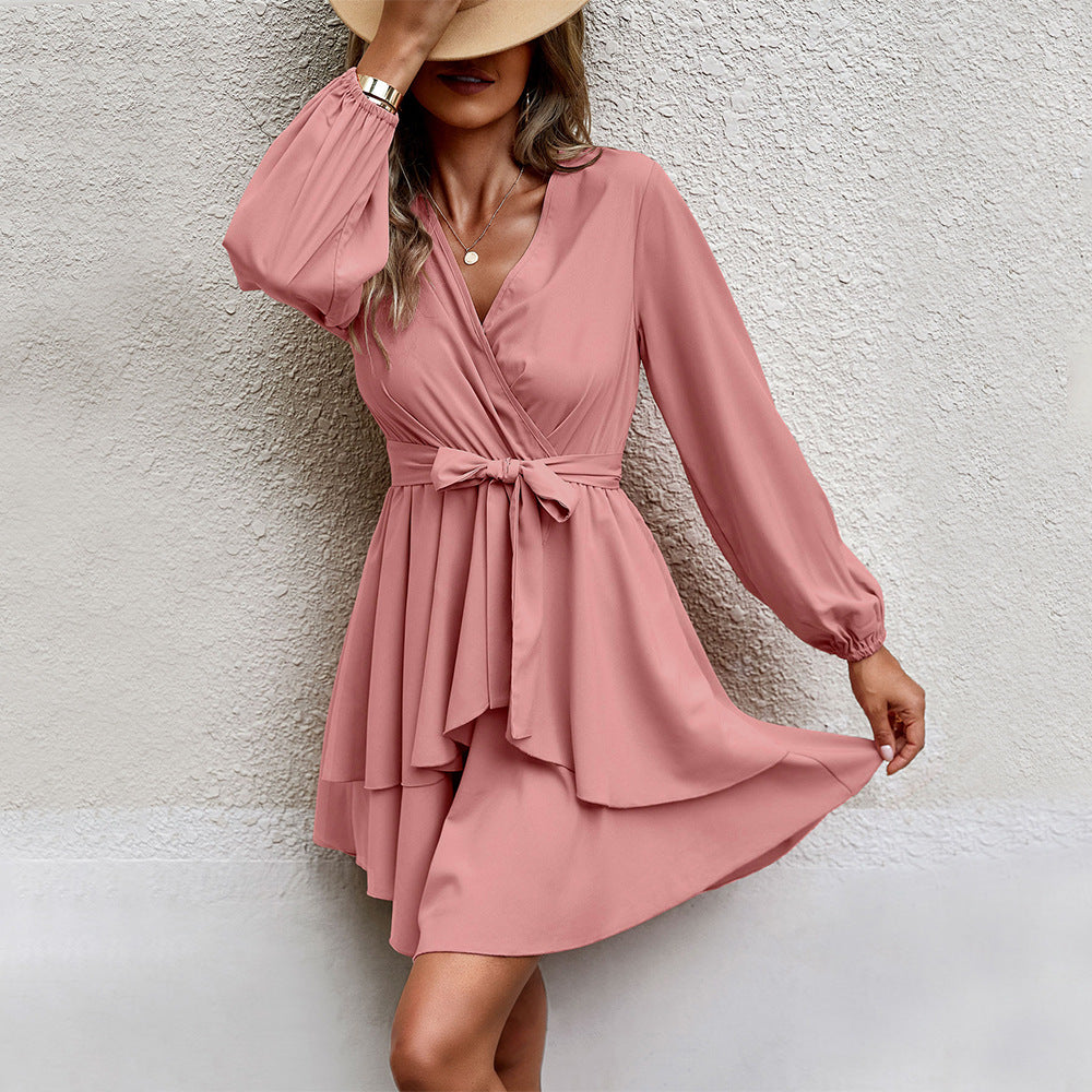 Elegant Dress Waist Lace Up Slimming V Neck Dress Women