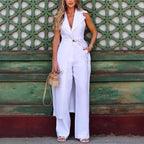 Summer Linen White with Collared Sleeveless Solid Color Work Pant Two Piece Set