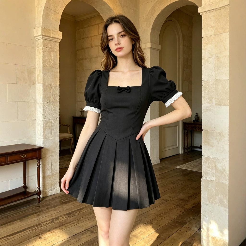 Women's French Puff-Sleeve Square-Neck Mini Dress