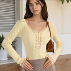 French Lace Collar Button Top Women Spring Autumn High
