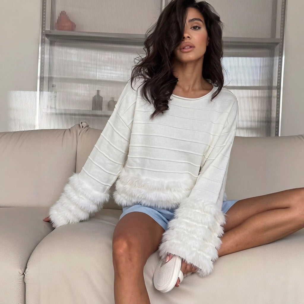 Autumn Winter Tassel Patchwork round Neck Sweater Women