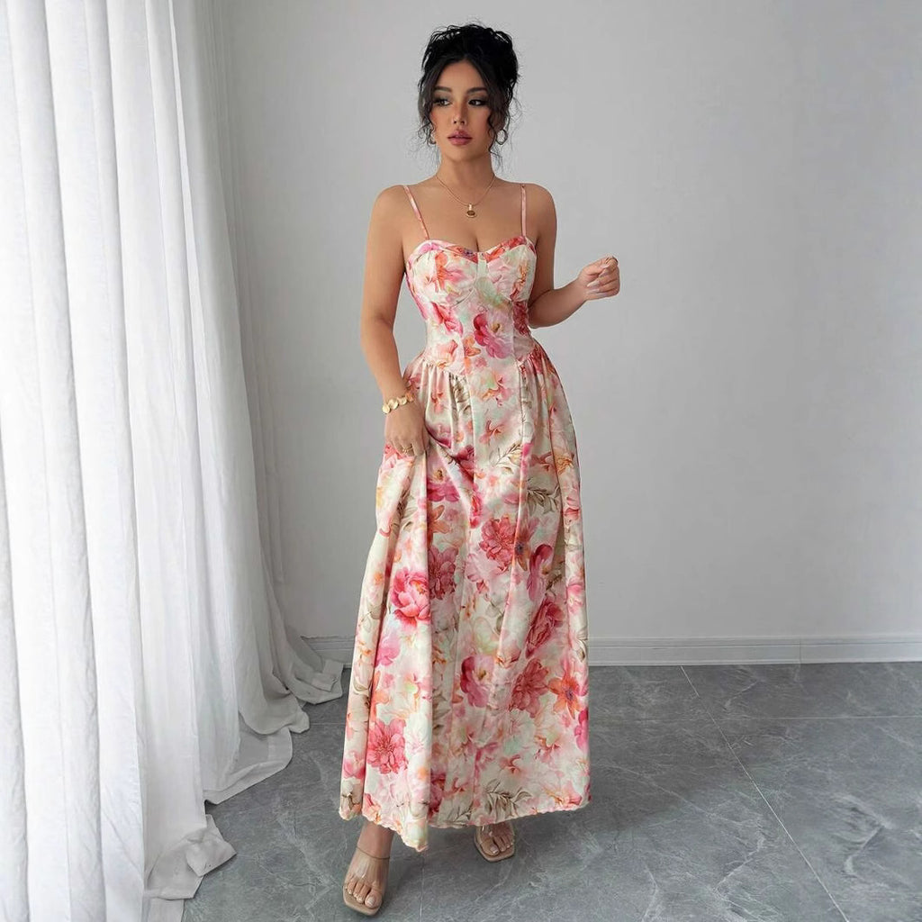 Floral V-Neck Ruched Sleeveless A-Line Maxi Dress