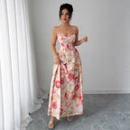 Floral V-Neck Ruched Sleeveless A-Line Maxi Dress