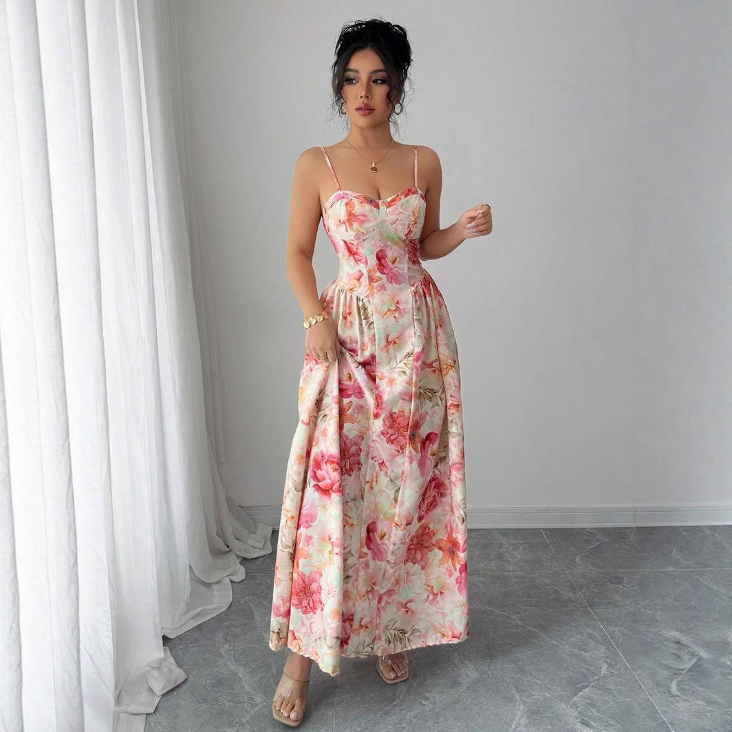 Floral V-Neck Ruched Sleeveless A-Line Maxi Dress